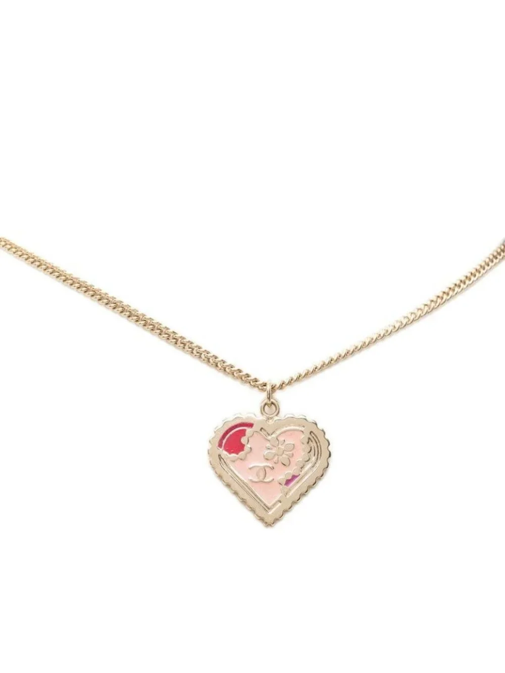 Chanel CC Logo Heart Motif Chain Pendant Gold Pink Plated